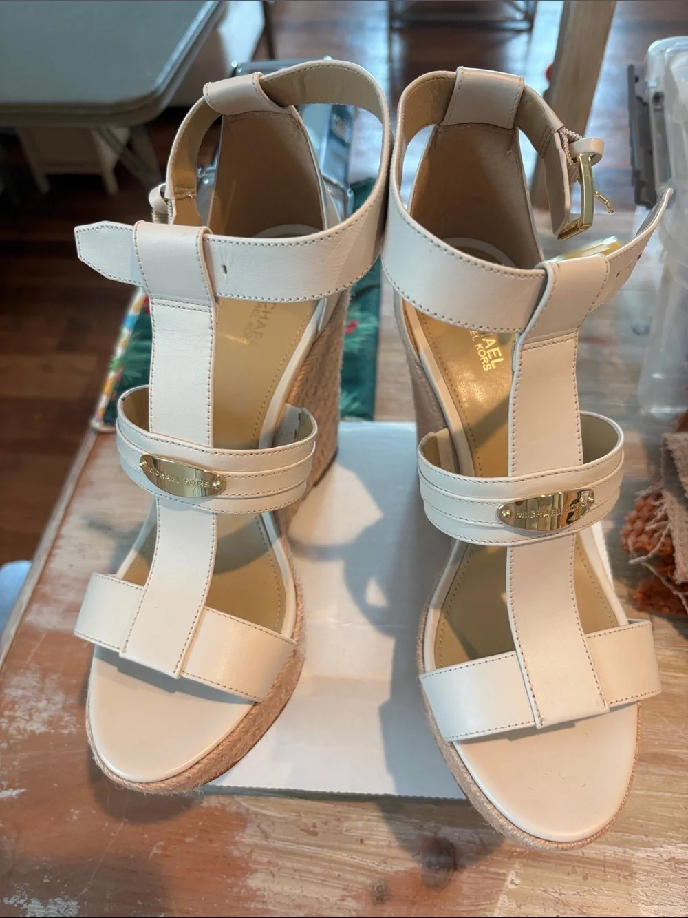 Michael Kors Cream Leather Espadrille Wedge Sandals